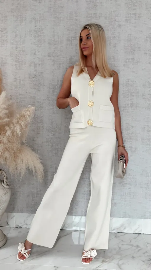 Jasno beżowy komplet dzianinowy bluzka + spodnie ONE SIZE 100% wiskoza - R873