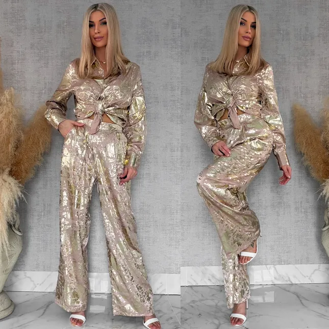 Beżowy wiosenny komplet ze złotem koszula + spodnie ONE SIZE - R517