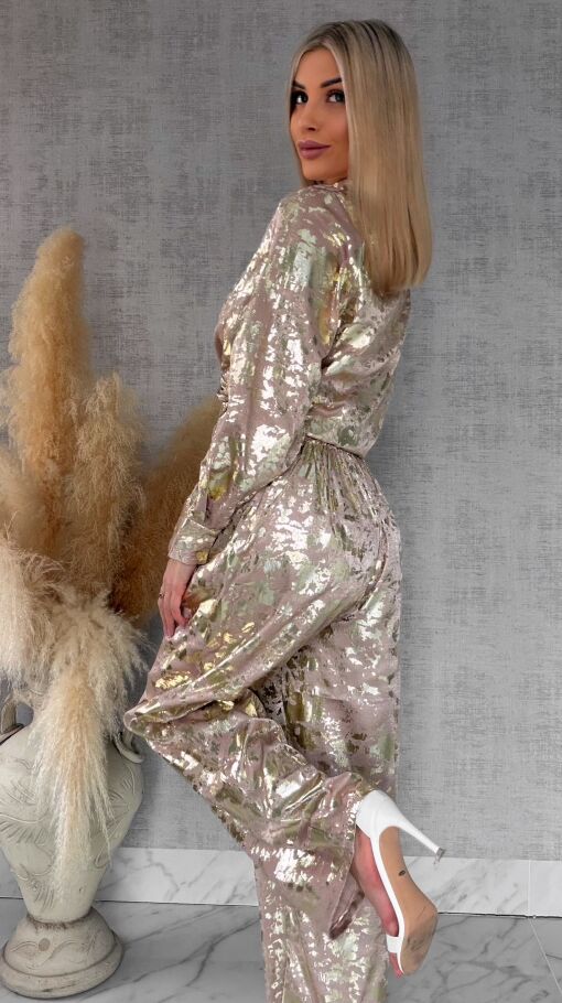 Beżowy wiosenny komplet ze złotem koszula + spodnie ONE SIZE - R517