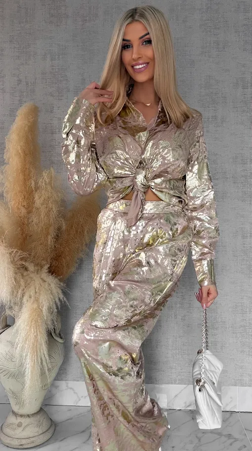 Beżowy wiosenny komplet ze złotem koszula + spodnie ONE SIZE - R517