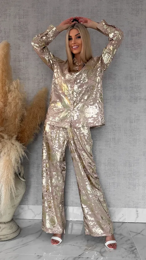 Beżowy wiosenny komplet ze złotem koszula + spodnie ONE SIZE - R517