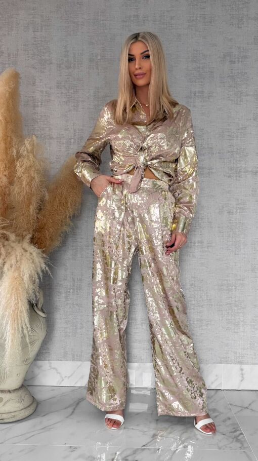 Beżowy wiosenny komplet ze złotem koszula + spodnie ONE SIZE - R517