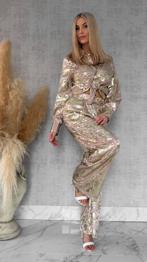 Beżowy wiosenny komplet ze złotem koszula + spodnie ONE SIZE - R517