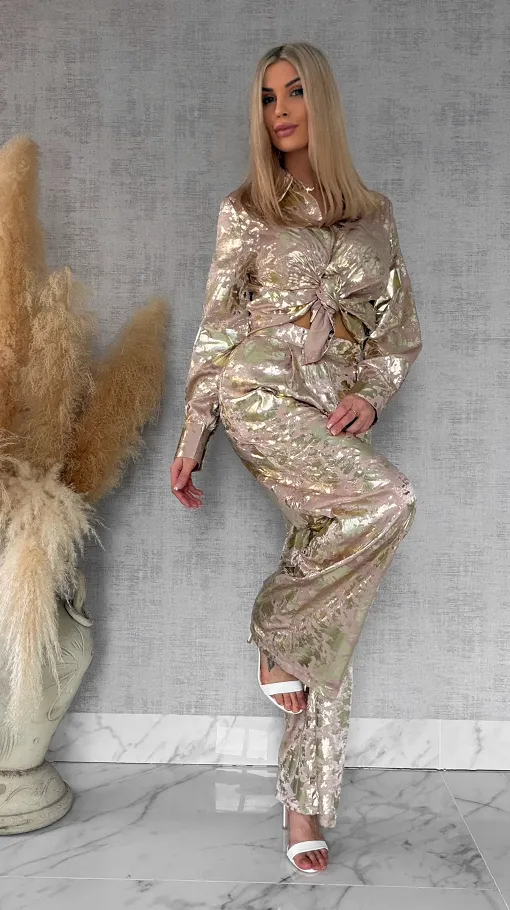 Beżowy wiosenny komplet ze złotem koszula + spodnie ONE SIZE - R517