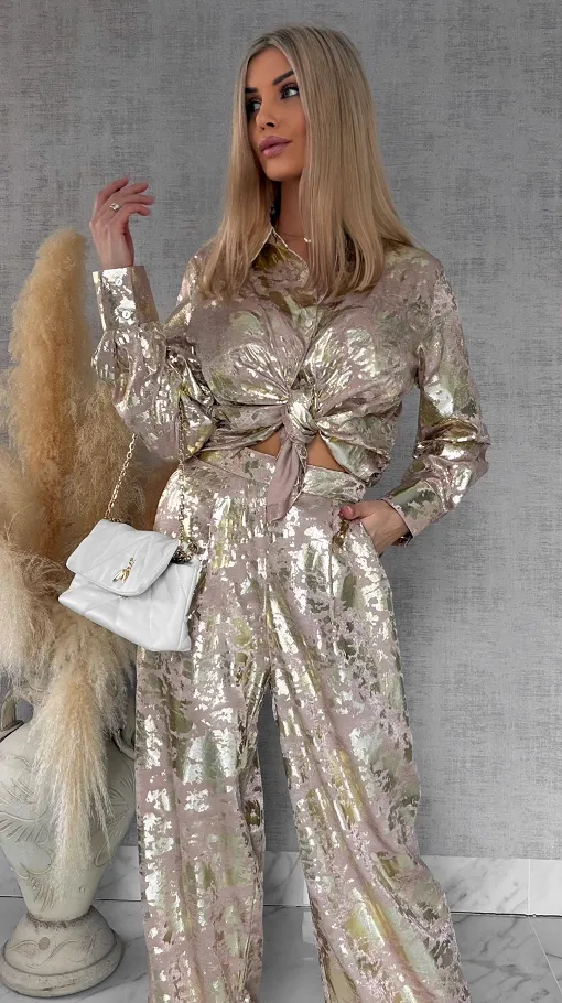 Beżowy wiosenny komplet ze złotem koszula + spodnie ONE SIZE - R517