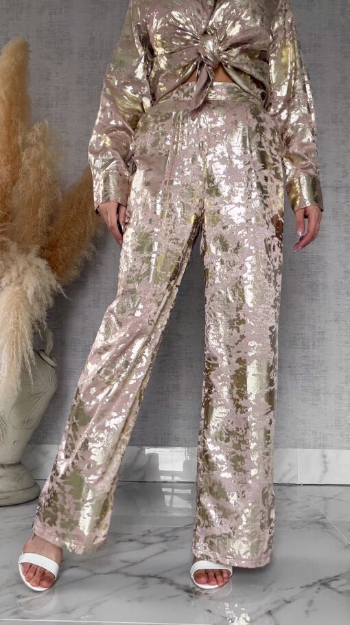 Beżowy wiosenny komplet ze złotem koszula + spodnie ONE SIZE - R517