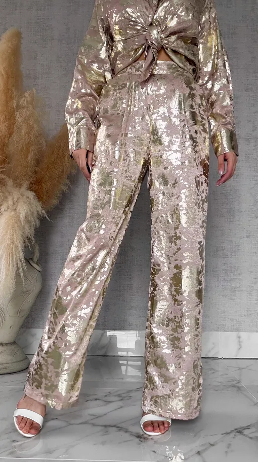 Beżowy wiosenny komplet ze złotem koszula + spodnie ONE SIZE - R517