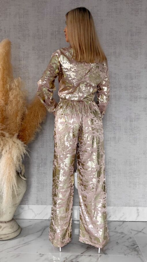 Beżowy wiosenny komplet ze złotem koszula + spodnie ONE SIZE - R517