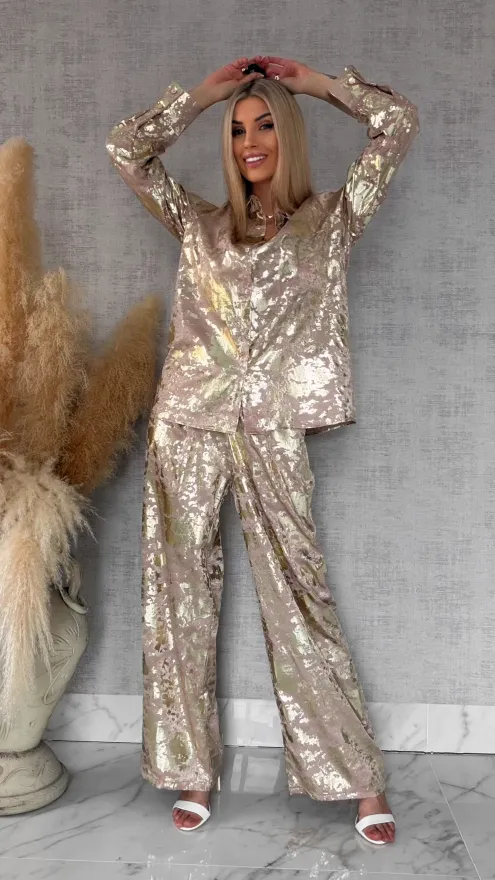 Beżowy wiosenny komplet ze złotem koszula + spodnie ONE SIZE - R517