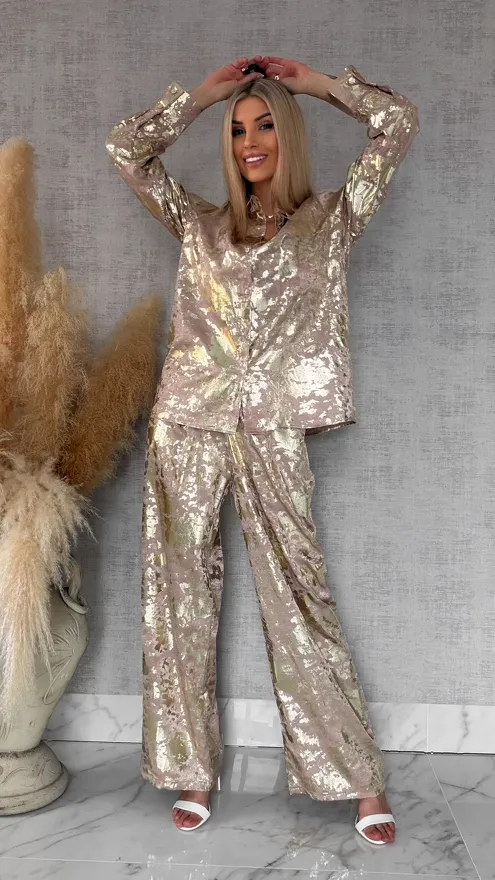 Beżowy wiosenny komplet ze złotem koszula + spodnie ONE SIZE - R517