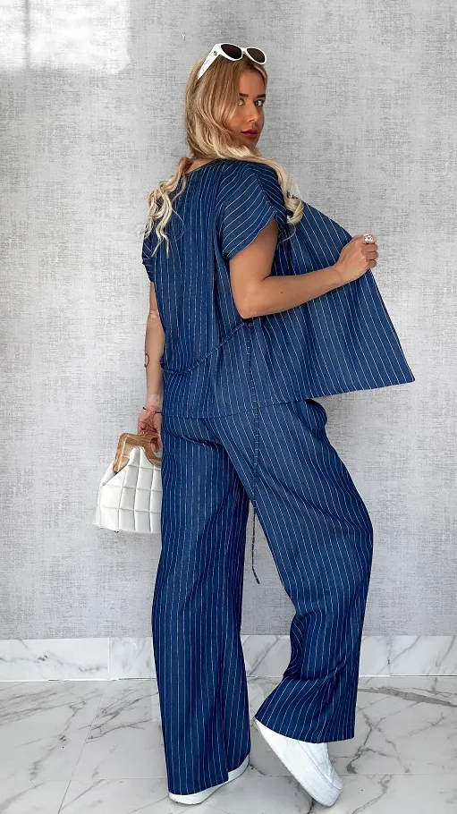Miękki jeansowy komplet w paski ONE SIZE bawełniany - P728