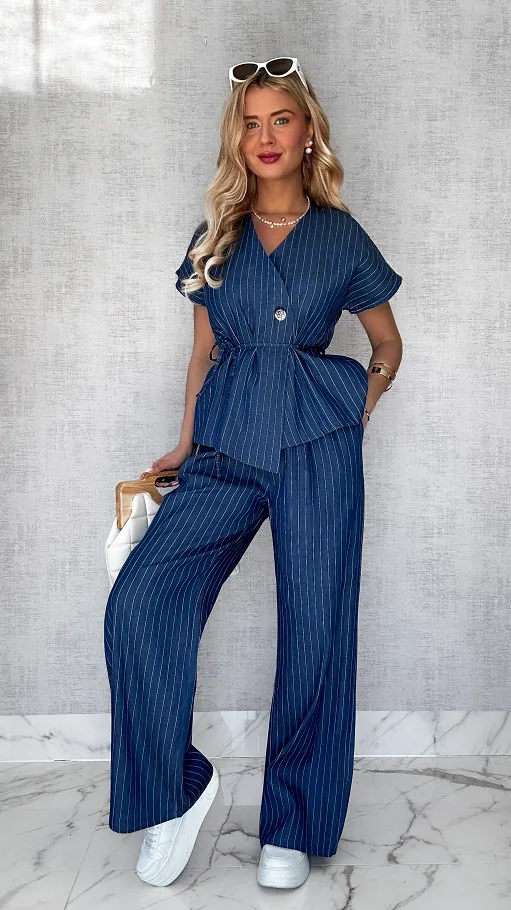 Miękki jeansowy komplet w paski ONE SIZE bawełniany - P728