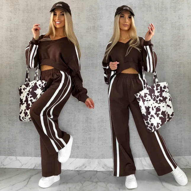 Bawełniany DRES w czekoladowym kolorze z białymi wstawkami - R474A