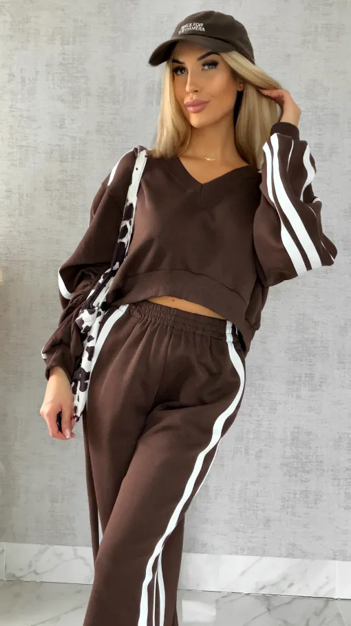 Bawełniany DRES w czekoladowym kolorze z białymi wstawkami - R474A