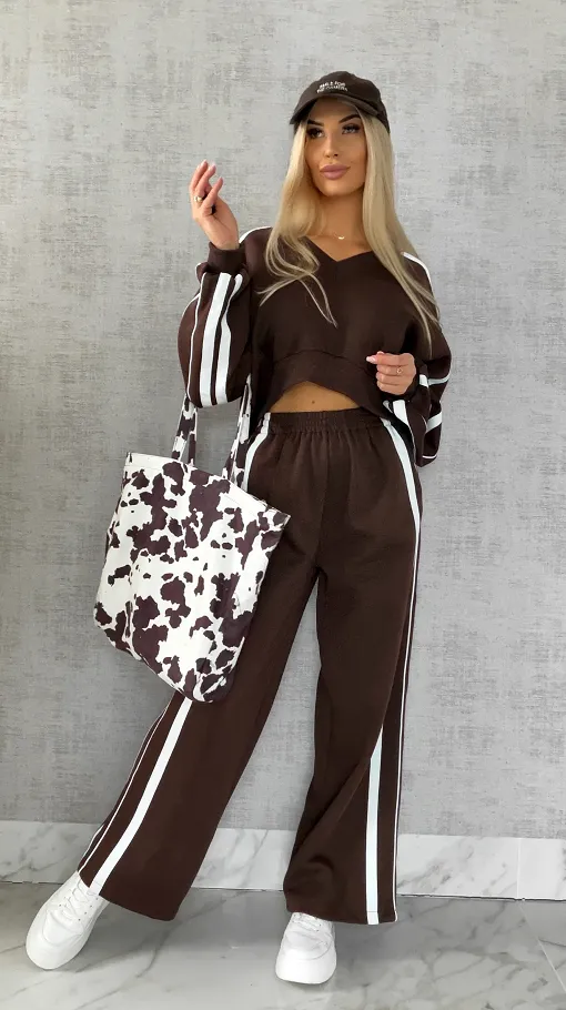 Bawełniany DRES w czekoladowym kolorze z białymi wstawkami - R474A