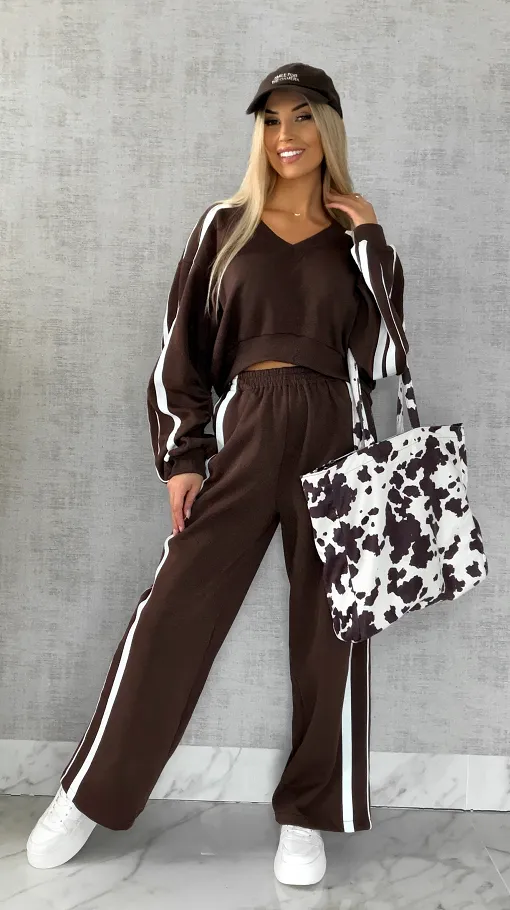 Bawełniany DRES w czekoladowym kolorze z białymi wstawkami - R474A