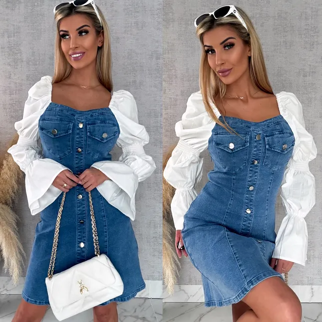 Sukienka jeansowa z modnymi białymi rękawami BLUE JEANS  - R629