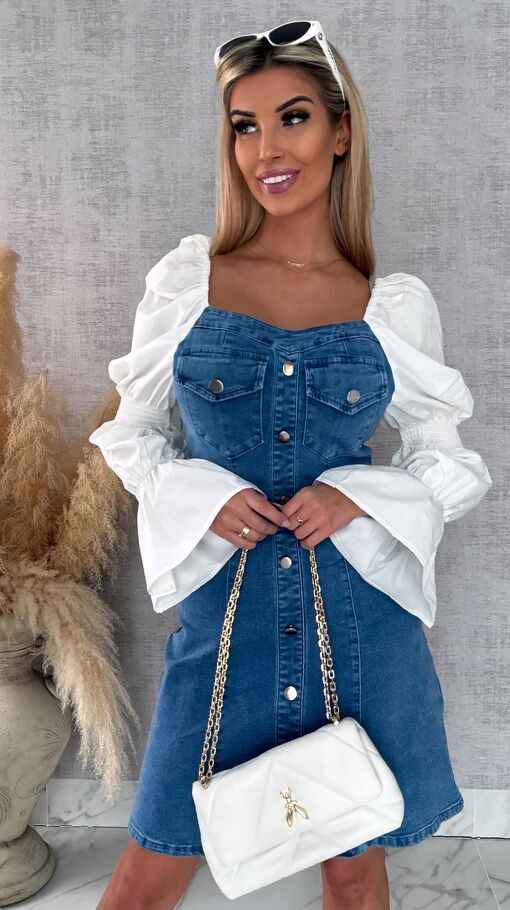 Sukienka jeansowa z modnymi białymi rękawami BLUE JEANS  - R629