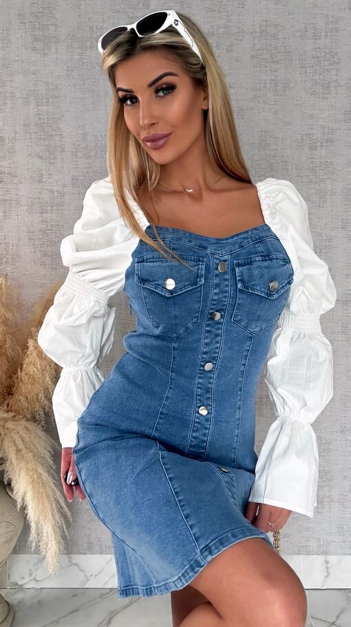 Sukienka jeansowa z modnymi białymi rękawami BLUE JEANS  - R629