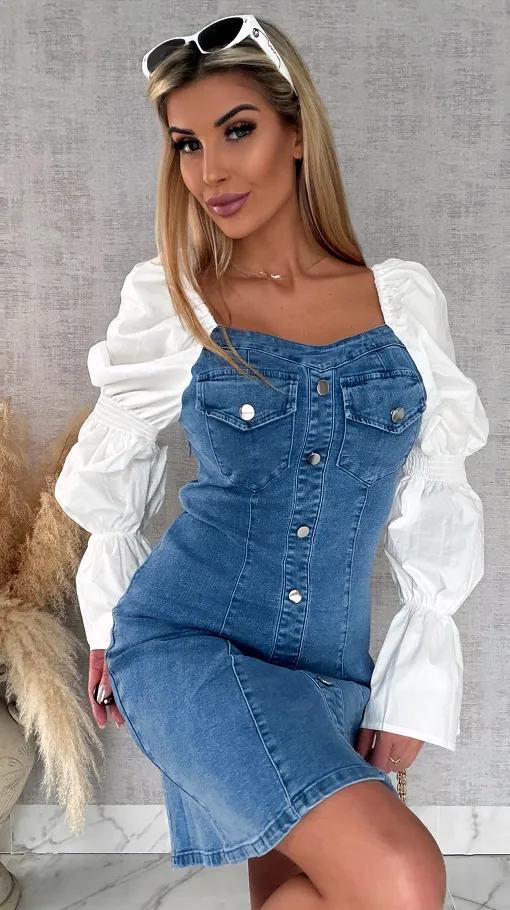 Sukienka jeansowa z modnymi białymi rękawami BLUE JEANS  - R629