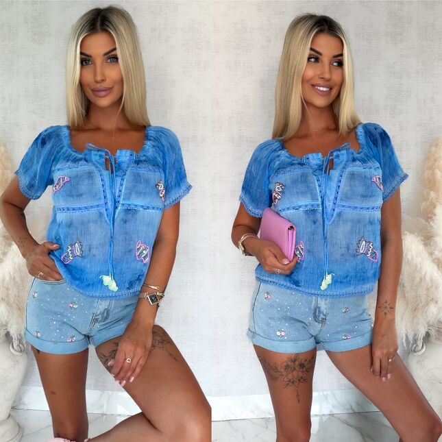 Lekka bawełniana bluzka na lato w stylu BOHO blue - S206