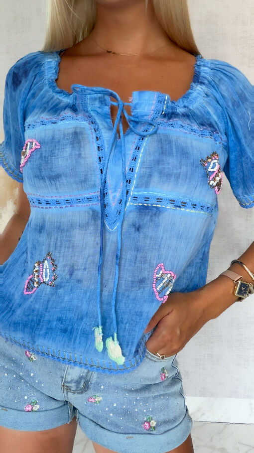 Lekka bawełniana bluzka na lato w stylu BOHO blue - S206