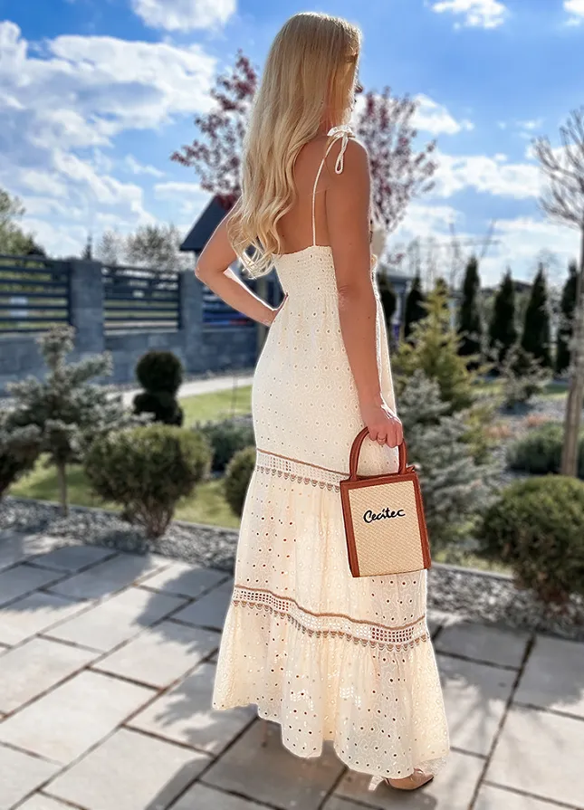 Maxi sukienka PREMIUM na ramiączkach z bawełny ECRU - N125A