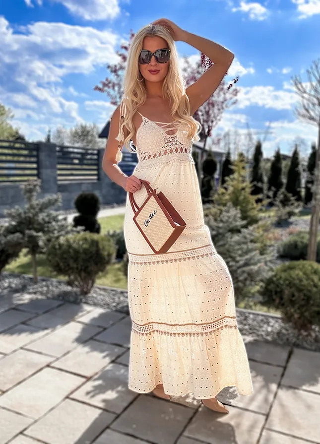 Maxi sukienka PREMIUM na ramiączkach z bawełny ECRU - N125A