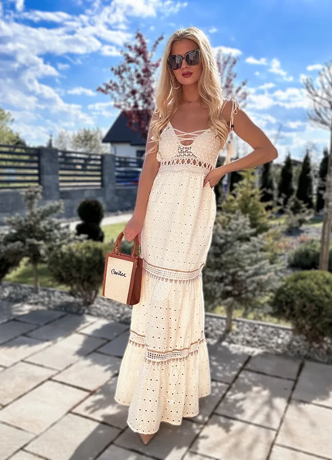 Maxi sukienka PREMIUM na ramiączkach z bawełny ECRU - N125A