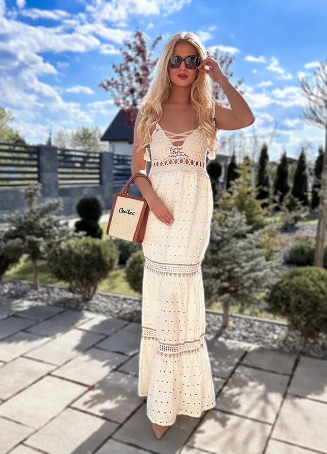 Maxi sukienka PREMIUM na ramiączkach z bawełny ECRU - N125A