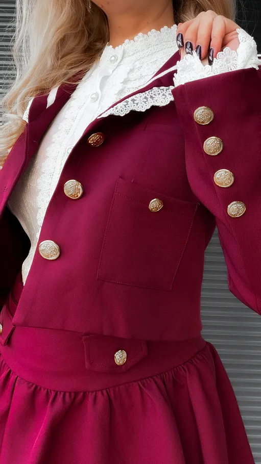 Elegancki bordowy komplet MARYNARKA + spódnico spodenki - R393