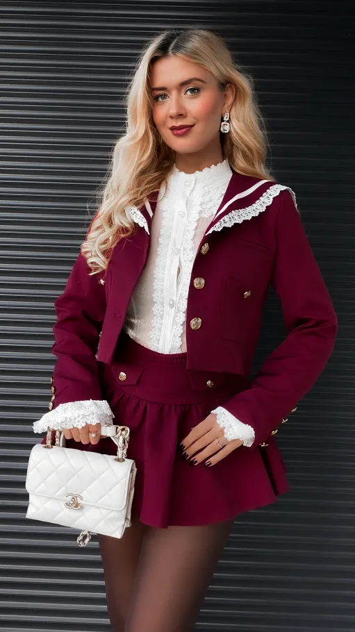 Elegancki bordowy komplet MARYNARKA + spódnico spodenki - R393