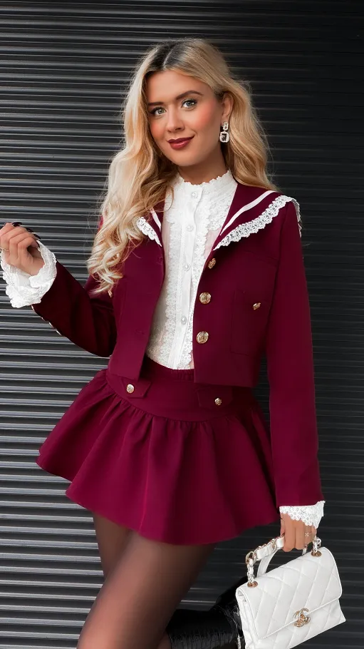 Elegancki bordowy komplet MARYNARKA + spódnico spodenki - R393