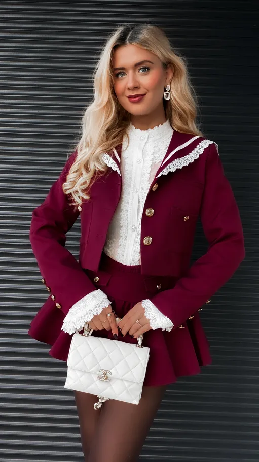 Elegancki bordowy komplet MARYNARKA + spódnico spodenki - R393