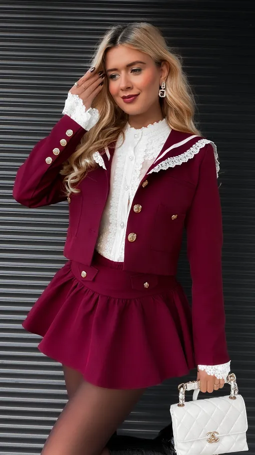 Elegancki bordowy komplet MARYNARKA + spódnico spodenki - R393