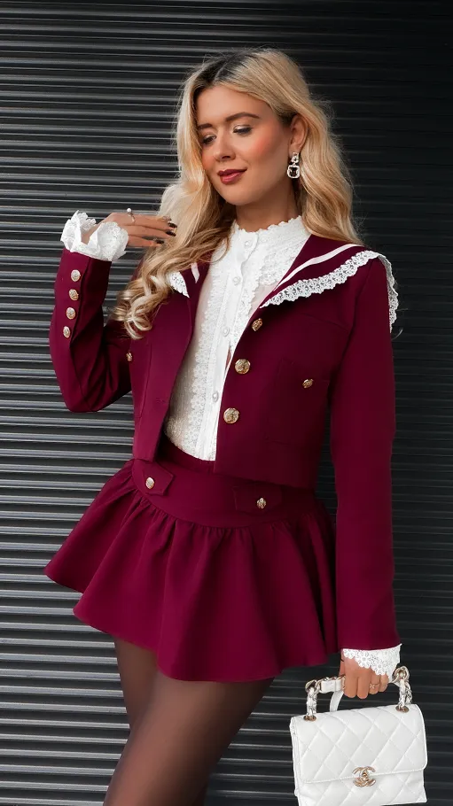 Elegancki bordowy komplet MARYNARKA + spódnico spodenki - R393