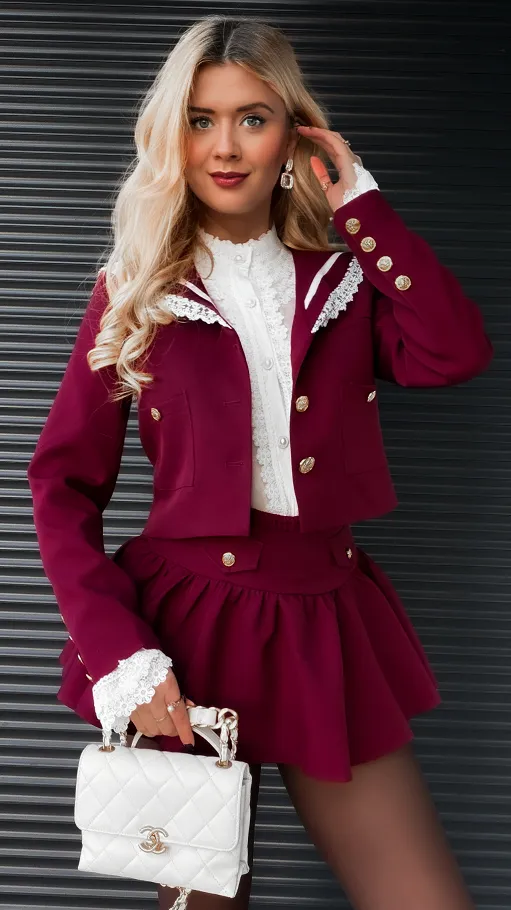 Elegancki bordowy komplet MARYNARKA + spódnico spodenki - R393