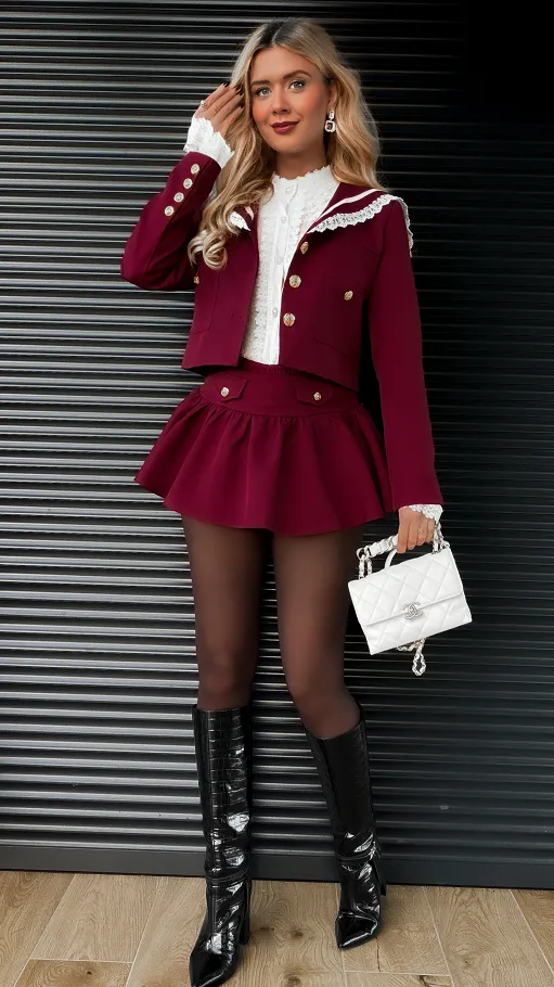 Elegancki bordowy komplet MARYNARKA + spódnico spodenki - R393