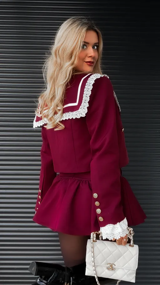 Elegancki bordowy komplet MARYNARKA + spódnico spodenki - R393