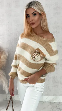 Cudowny sweterek w modne pasy z kieszonką BEŻOWY - P077A
