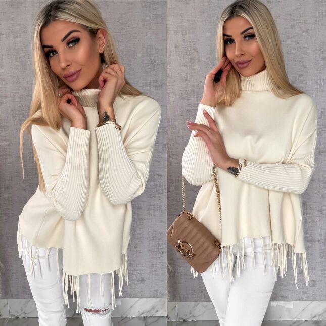 Klasyczny gładki sweter z golfem i frędzlami ONE SIZE wiskoza - R654