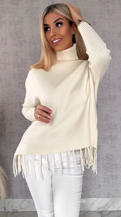 Klasyczny gładki sweter z golfem i frędzlami ONE SIZE wiskoza - R654