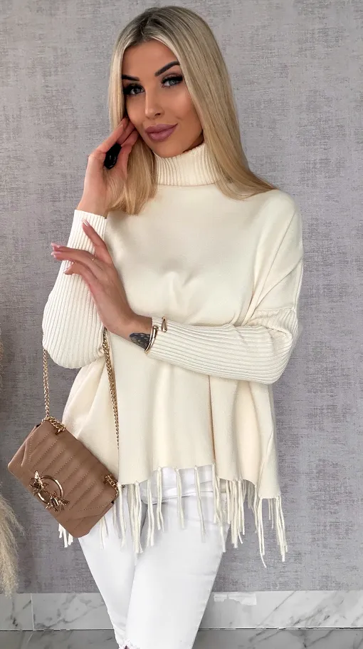 Klasyczny gładki sweter z golfem i frędzlami ONE SIZE wiskoza - R654