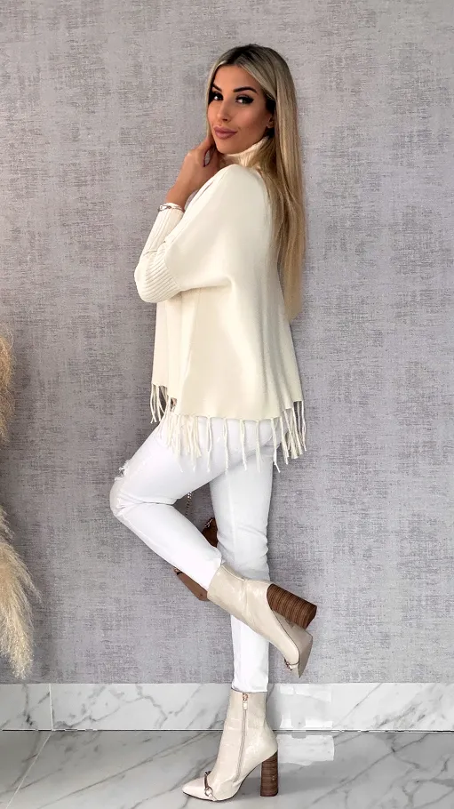 Klasyczny gładki sweter z golfem i frędzlami ONE SIZE wiskoza - R654