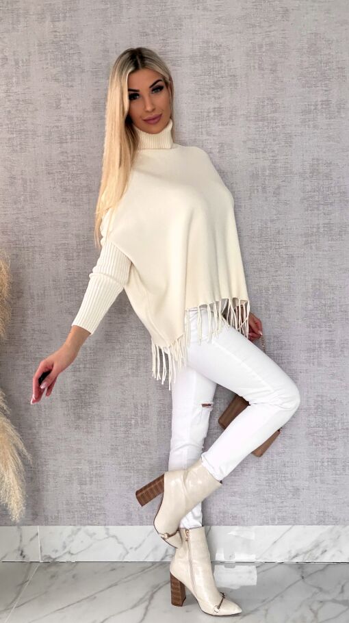 Klasyczny gładki sweter z golfem i frędzlami ONE SIZE wiskoza - R654