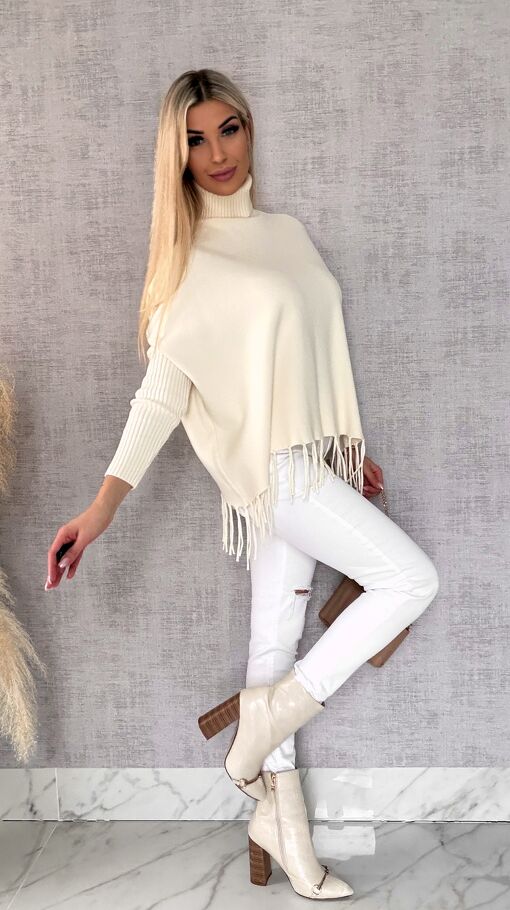 Klasyczny gładki sweter z golfem i frędzlami ONE SIZE wiskoza - R654