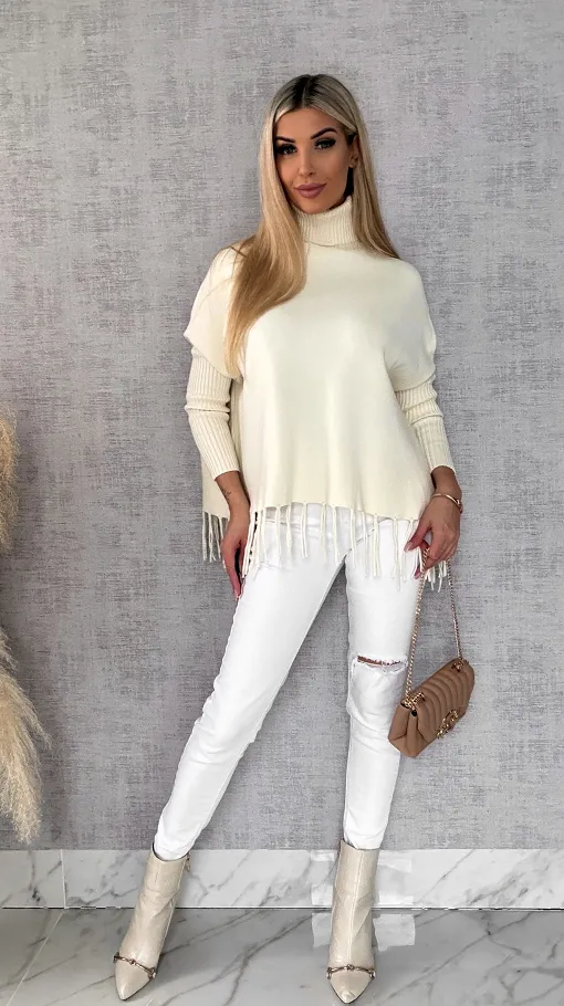 Klasyczny gładki sweter z golfem i frędzlami ONE SIZE wiskoza - R654