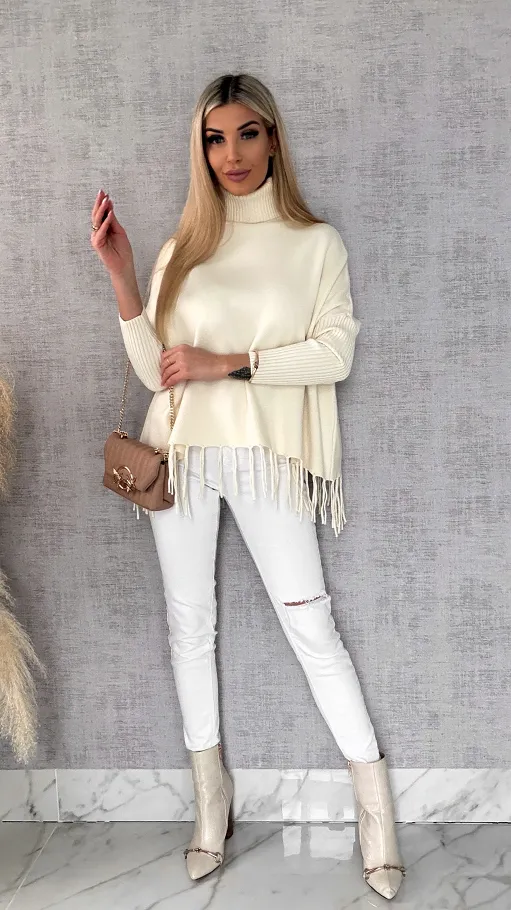 Klasyczny gładki sweter z golfem i frędzlami ONE SIZE wiskoza - R654