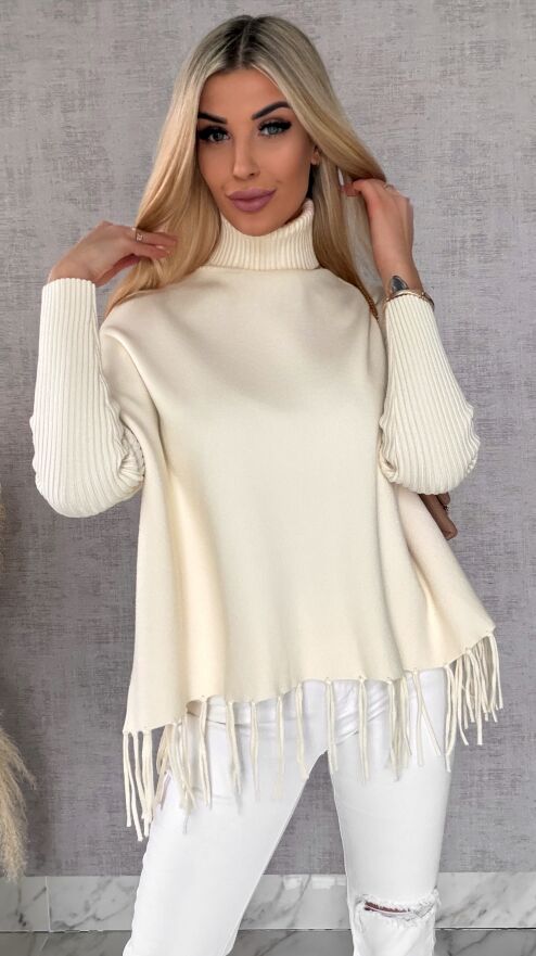 Klasyczny gładki sweter z golfem i frędzlami ONE SIZE wiskoza - R654