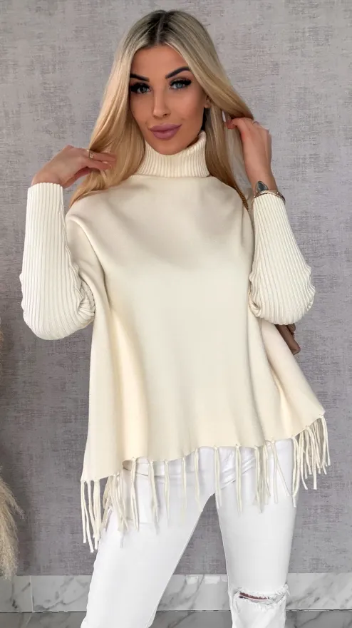 Klasyczny gładki sweter z golfem i frędzlami ONE SIZE wiskoza - R654